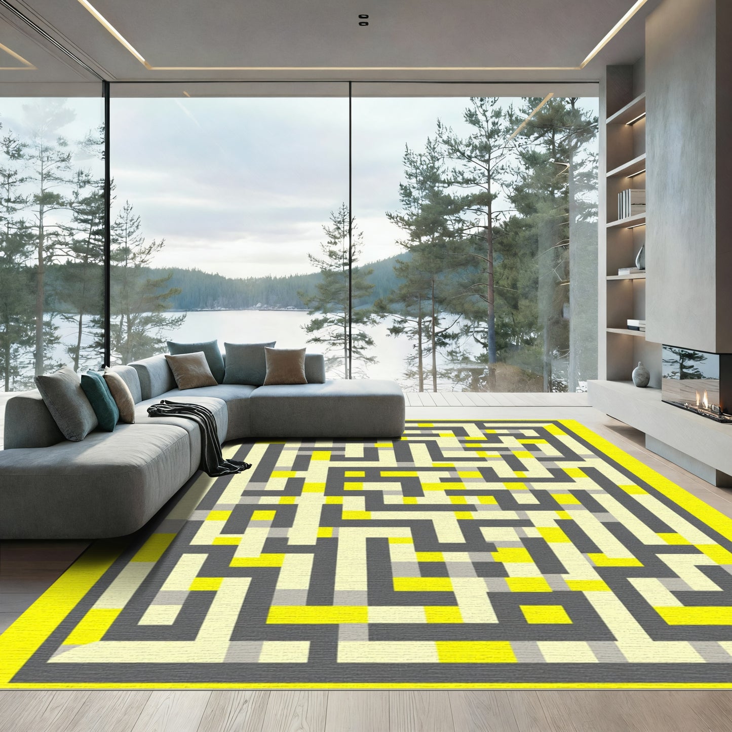 Gray Yellow Geometric Maze Stripes Rug