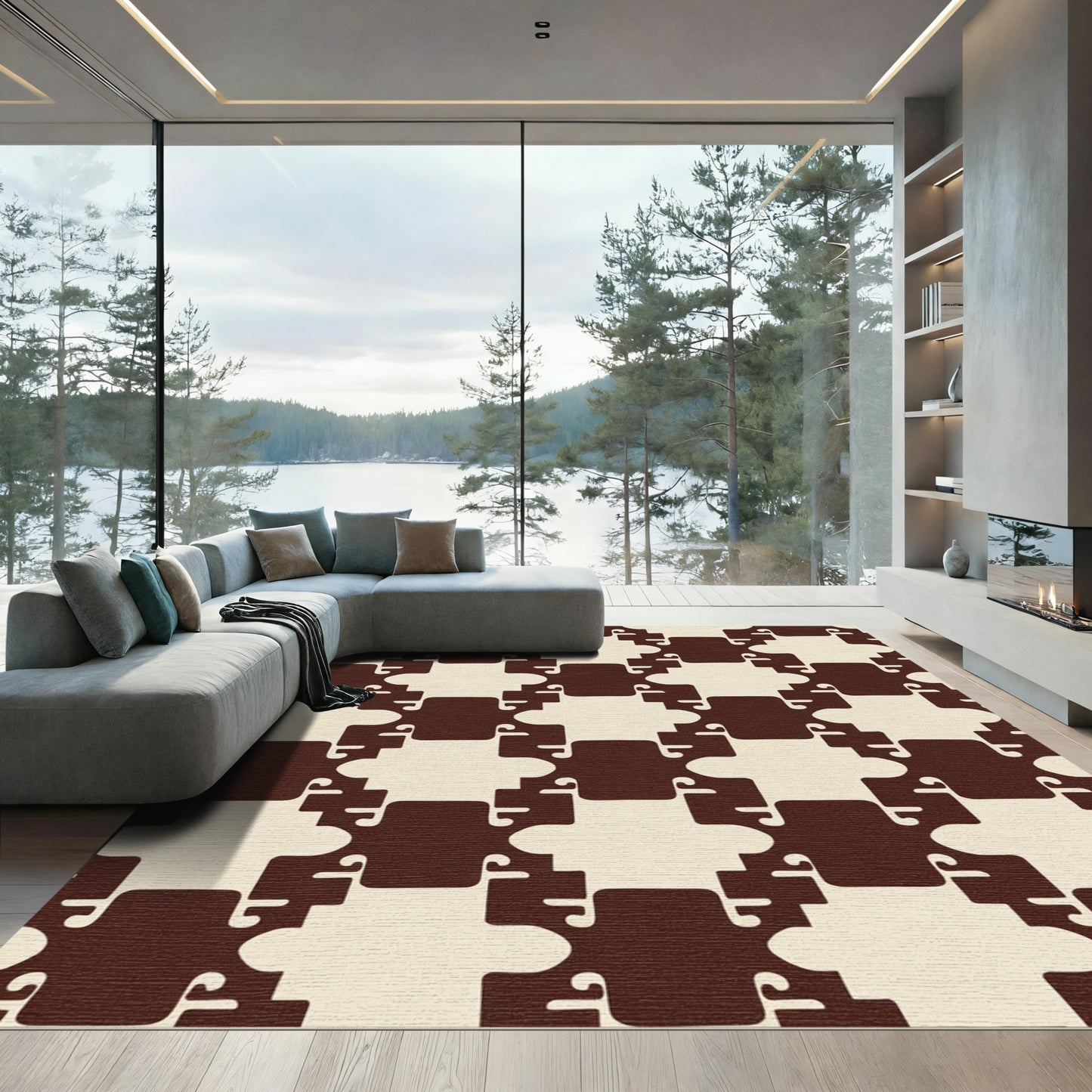 Cream And Brown Interlocking Geometric Rug