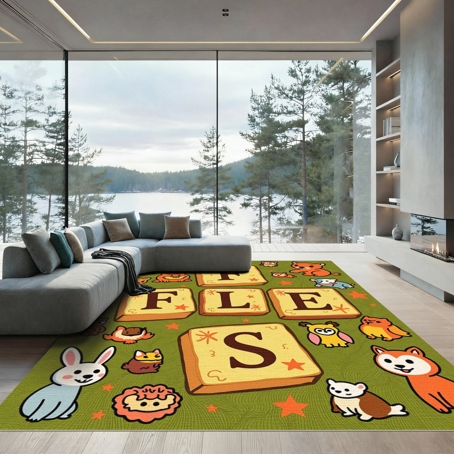 Whimsical Animals and Letter Tiles Rug