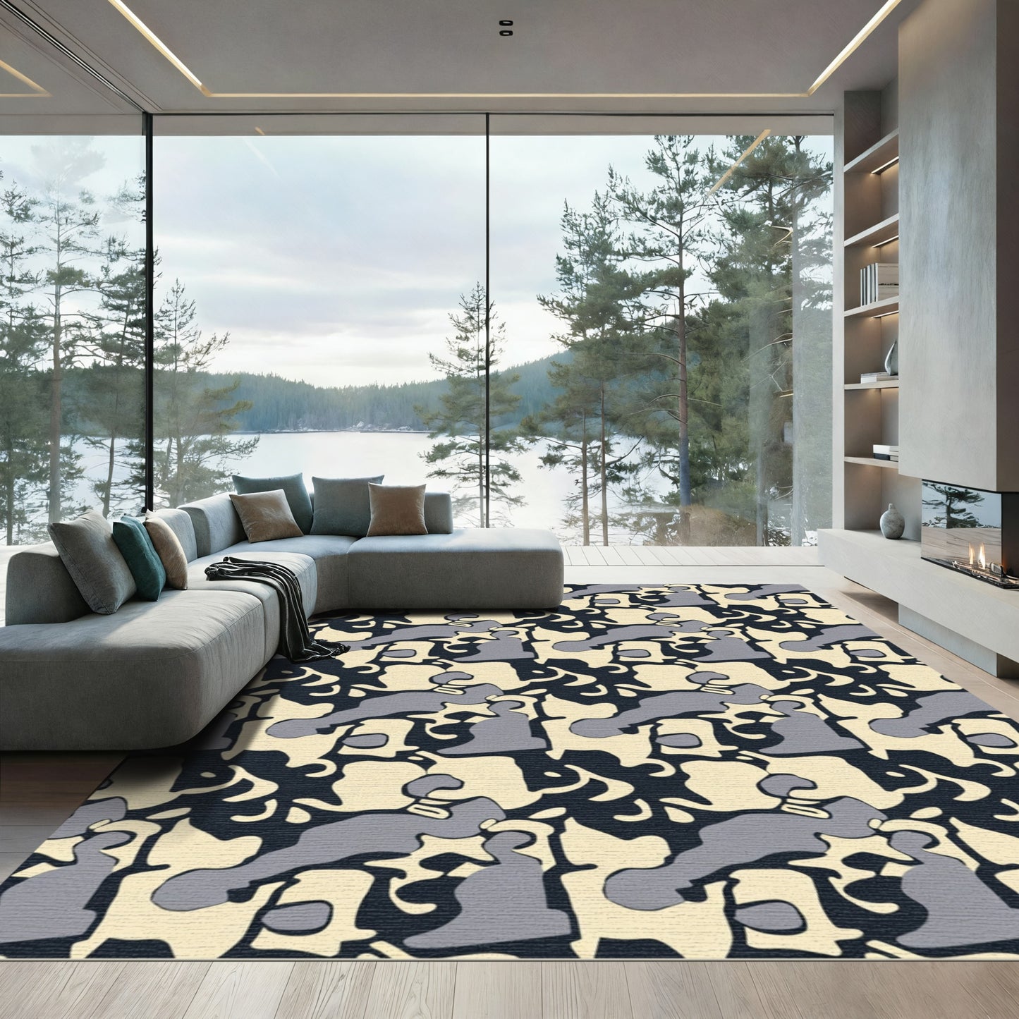 Abstract Gray Beige Camouflage Blocks Rug