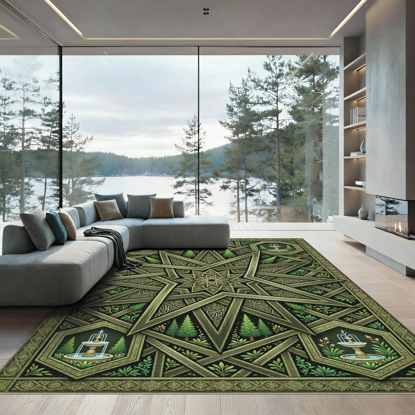 Olive Green Star Fountain Garden Medallion Rug