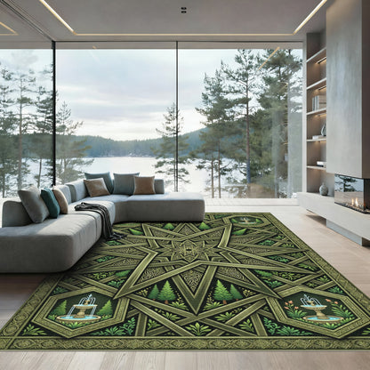 Olive Green Star Fountain Garden Medallion Rug
