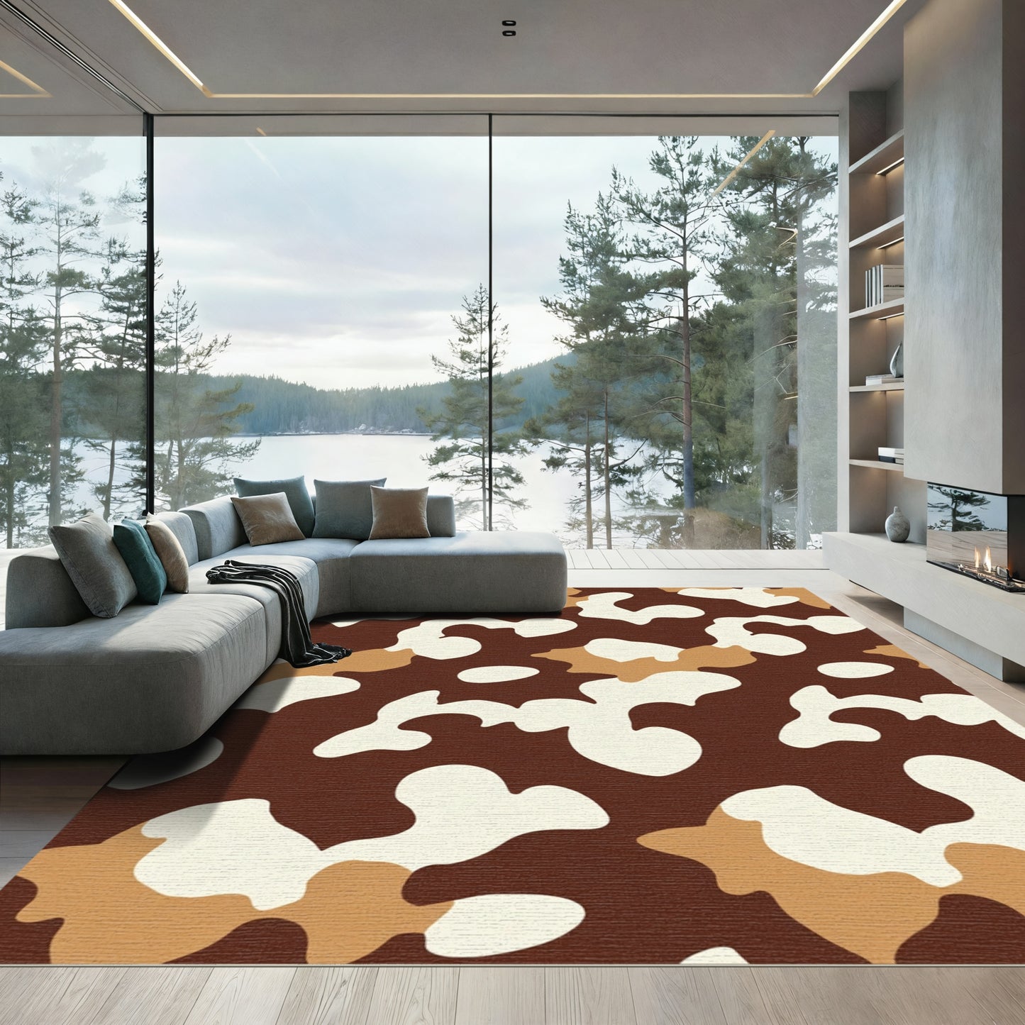 Brown Cream Camouflage Patchwork Rug
