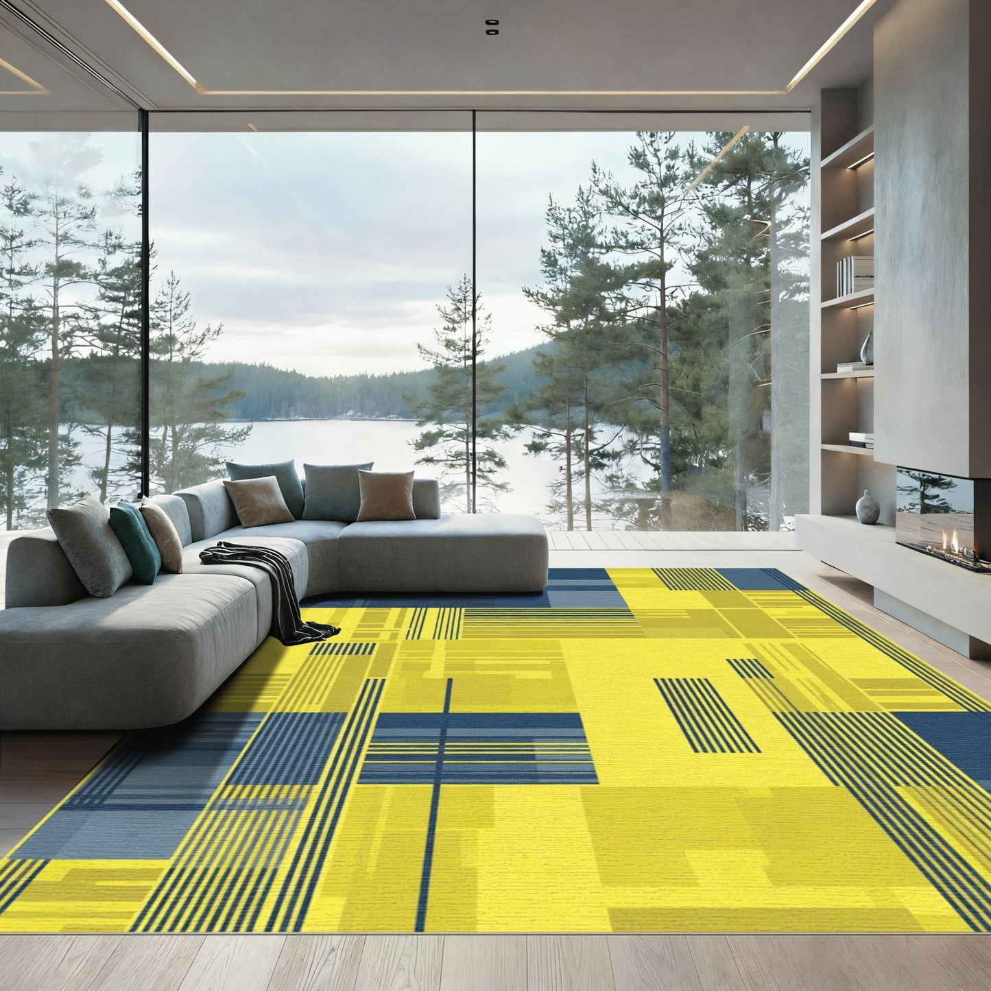 Modern Yellow Blue Geometric Texture Rug