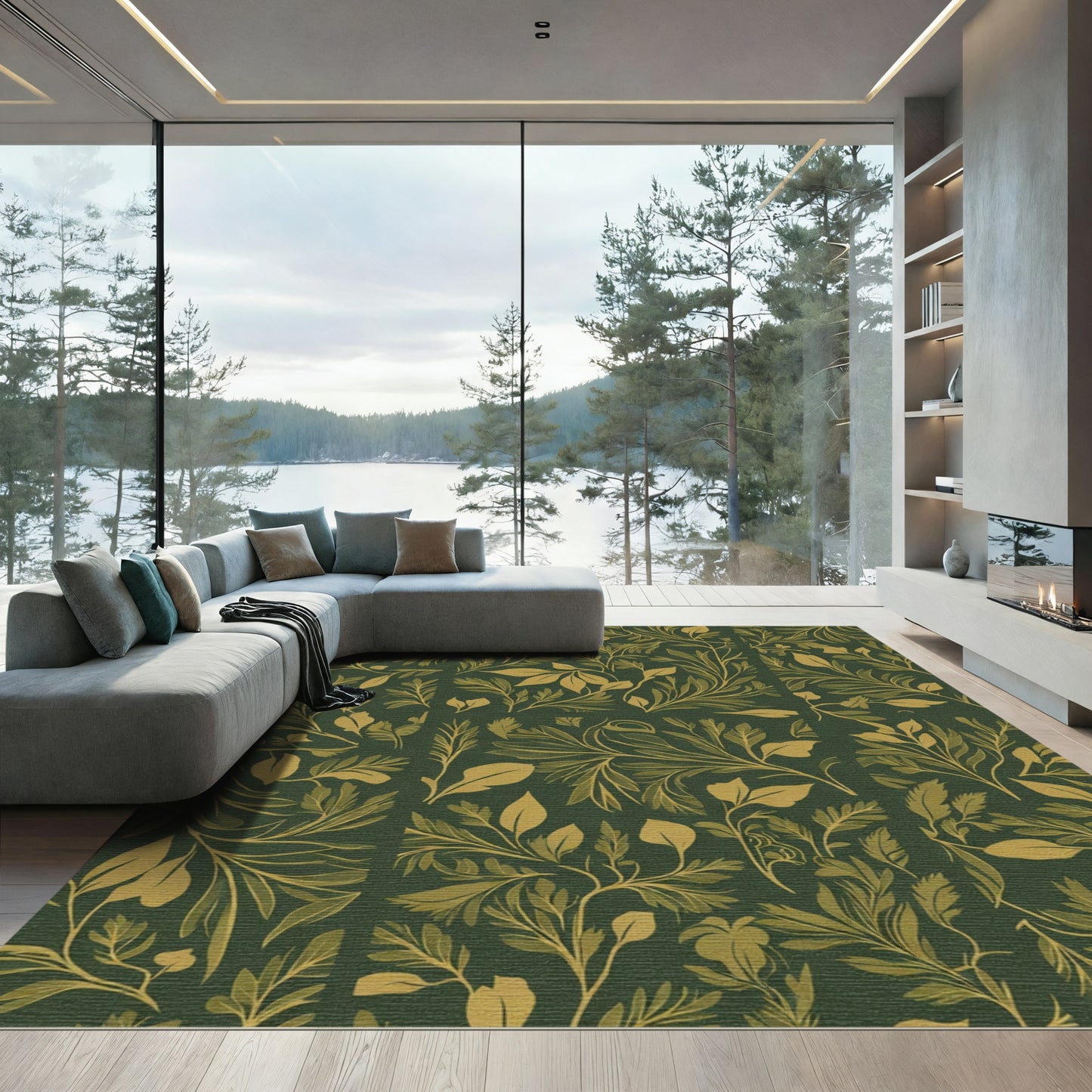 Dark Green Golden Leafy Branches Rug