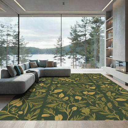 Dark Green Golden Leafy Branches Rug