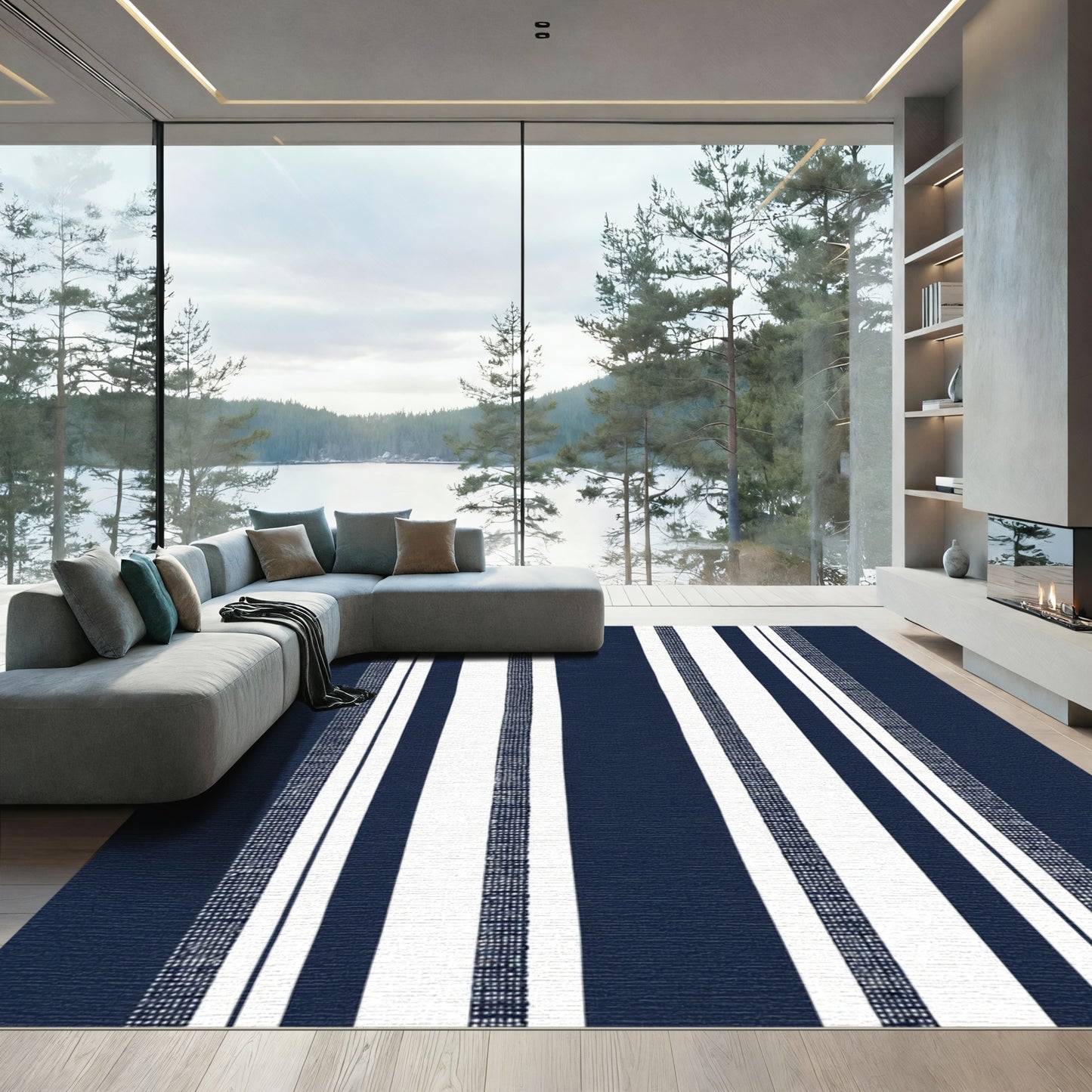 Navy White Striped Textured Rug