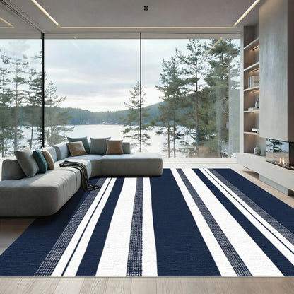 Navy White Striped Textured Rug