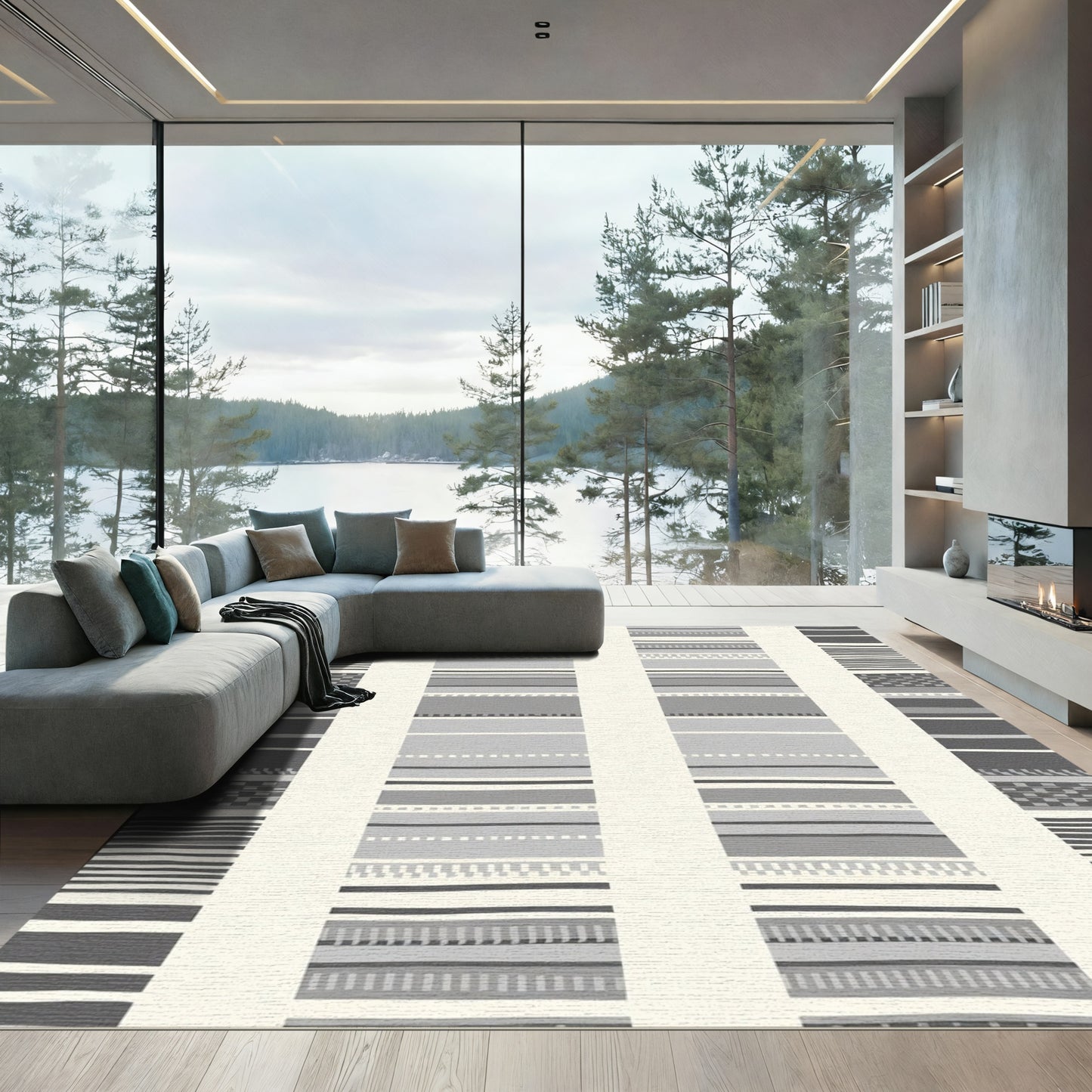 Gray Cream Striped Geometric Rug