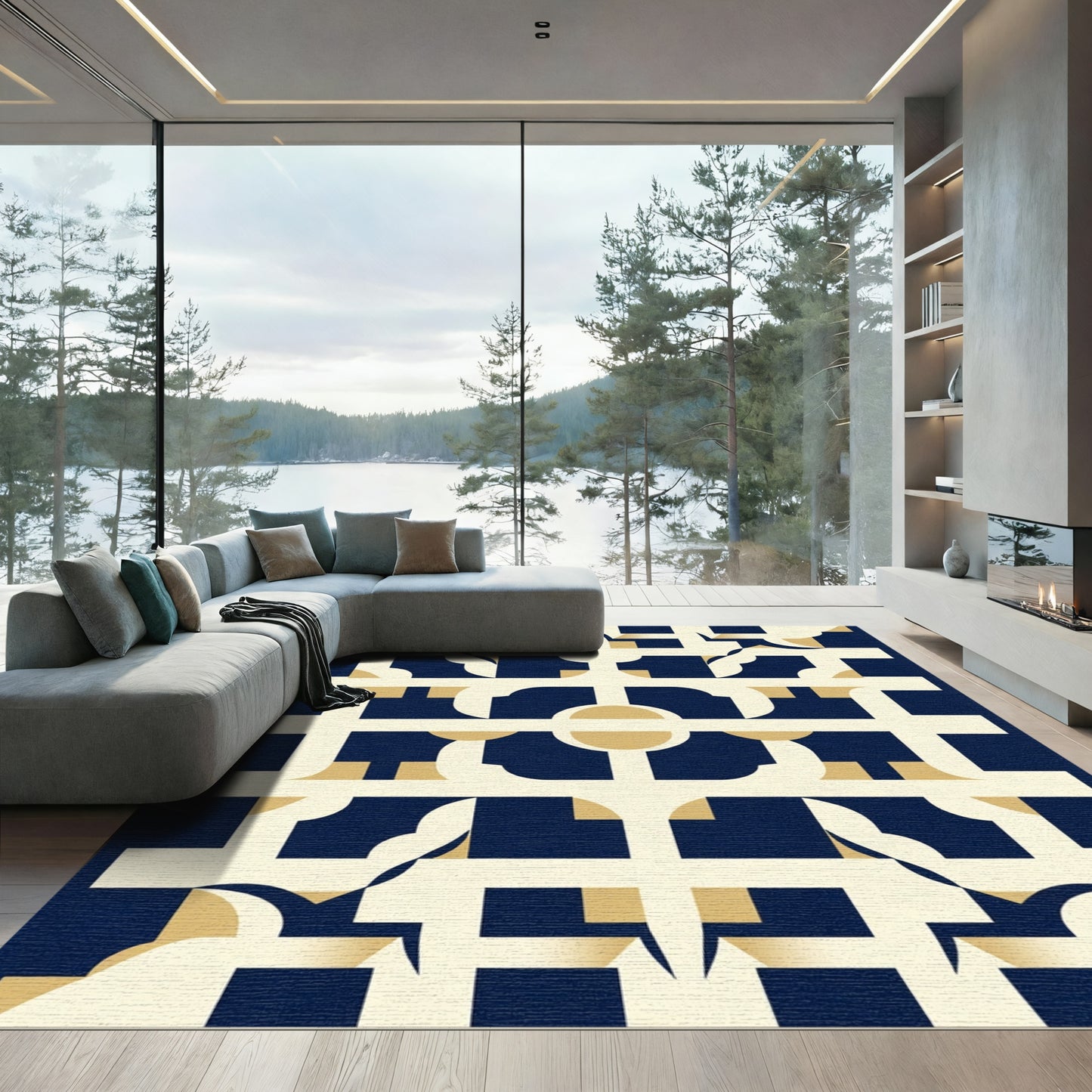 Navy Gold Geometric Lattice Rug