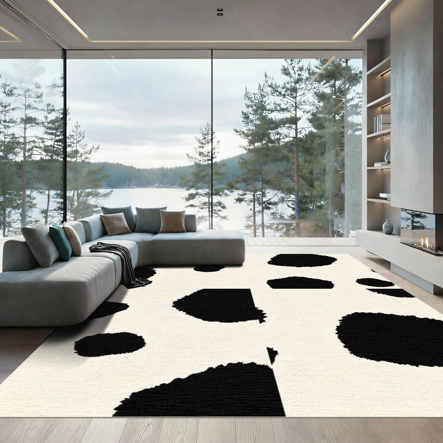 Ochre Black Spots Abstract Shapes Rug