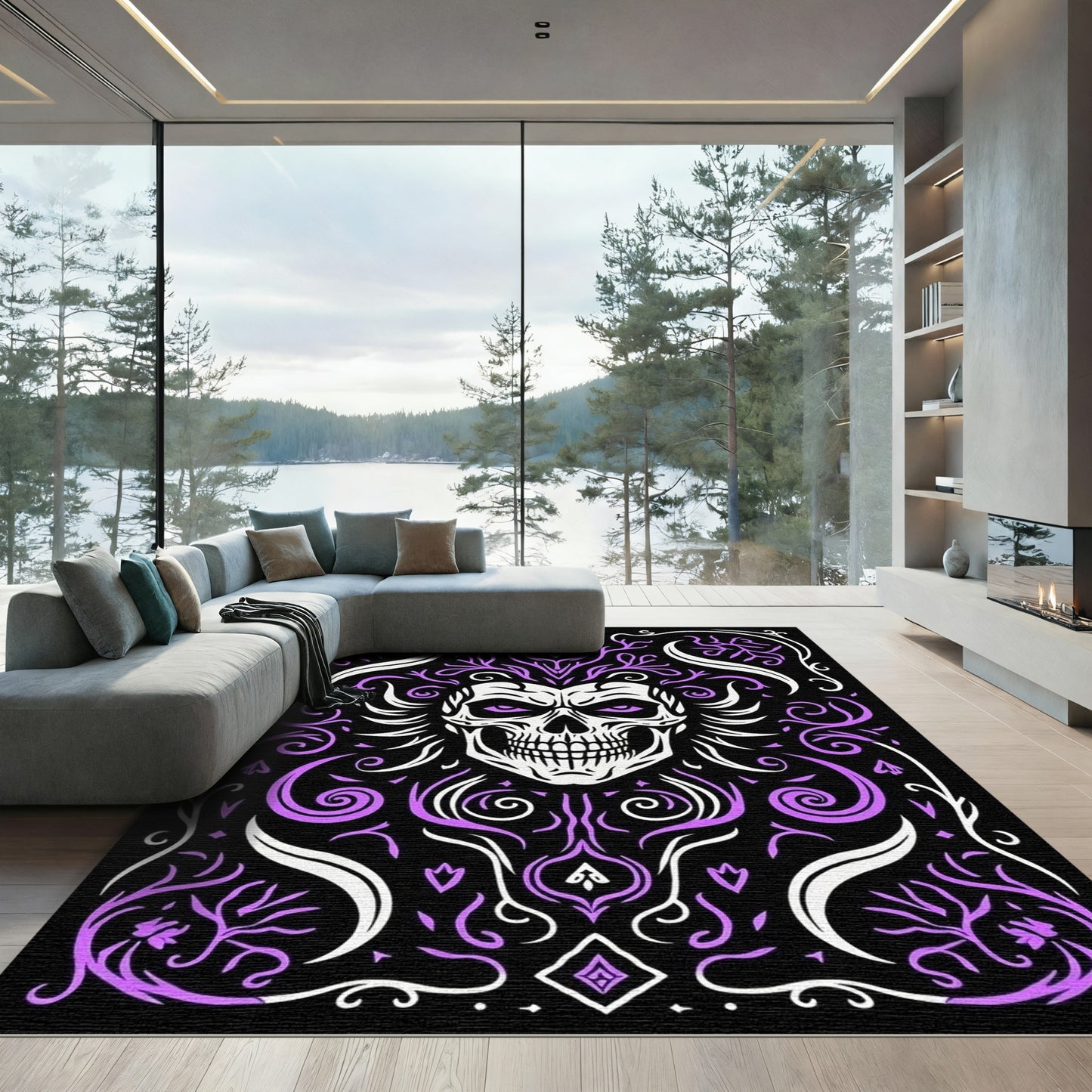 Spooky White Skull Purple Vines Rug
