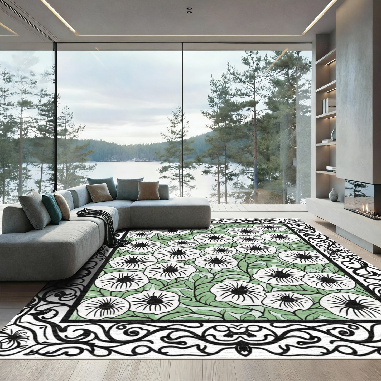 Black White Floral Garden Border Rug