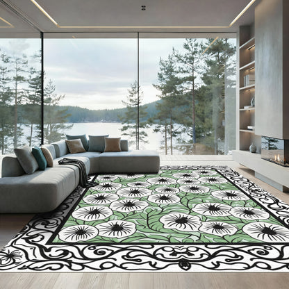 Black White Floral Garden Border Rug