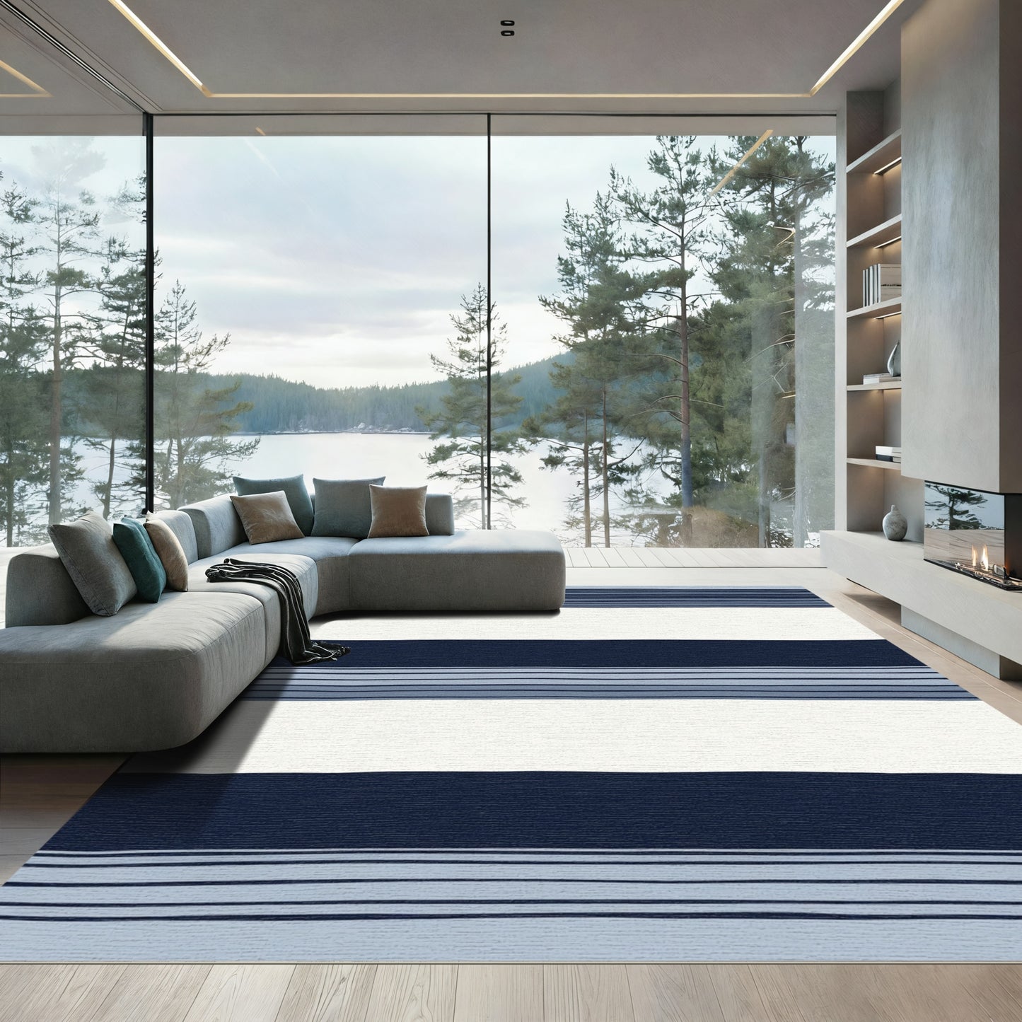 Navy Blue White Striped Horizon Rug