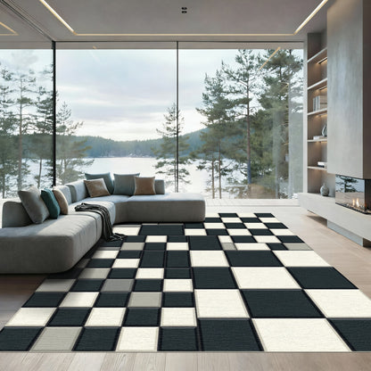 Modern Black White Square Grid Rug