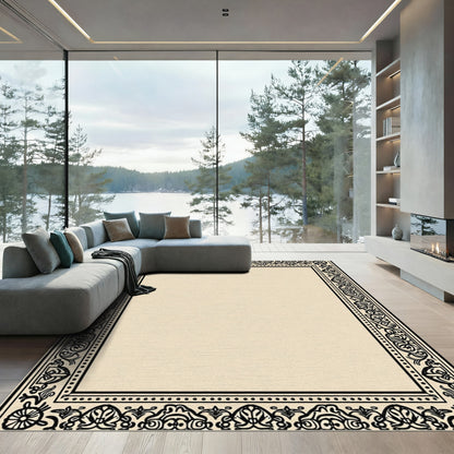 Black Beige Baroque Scroll Border Rug