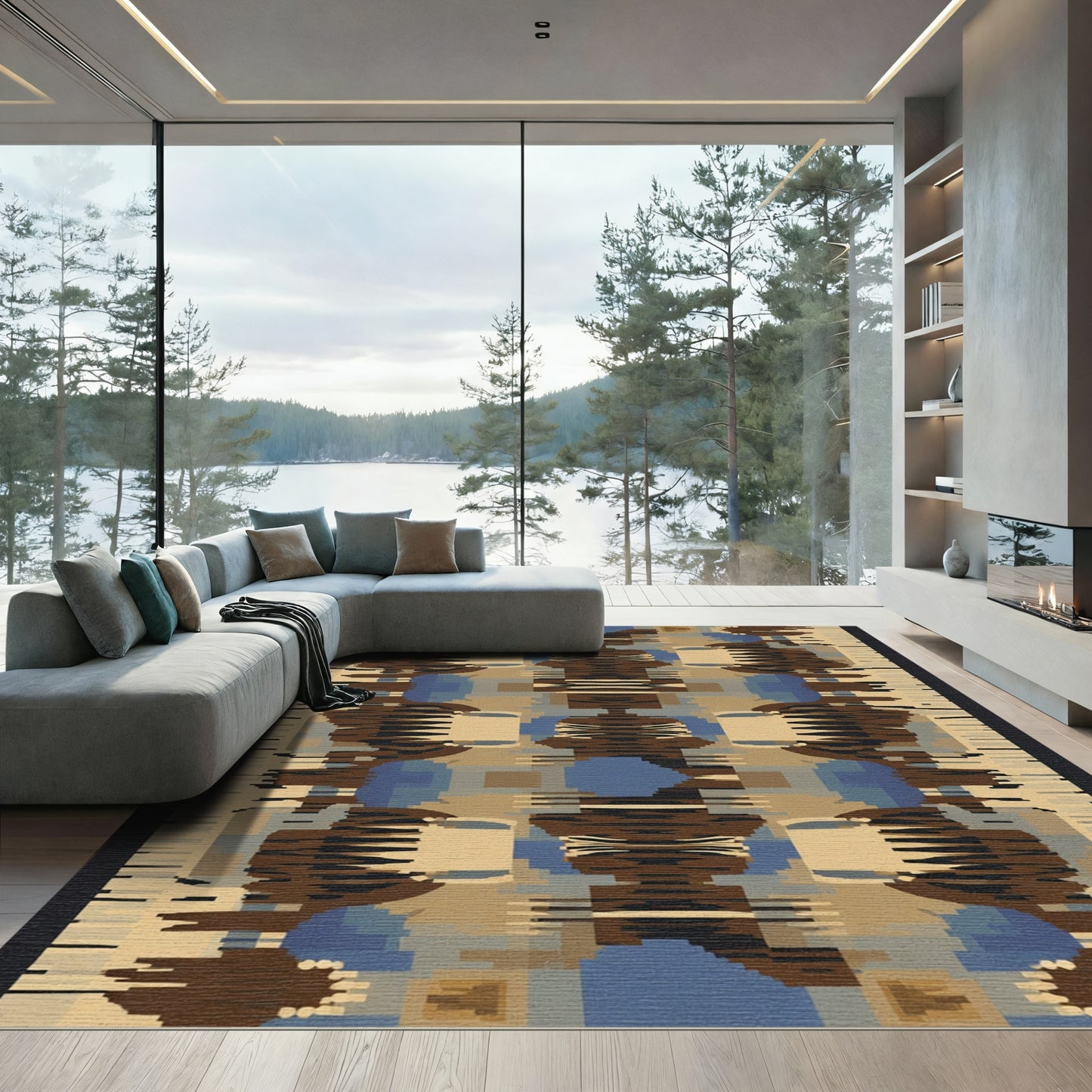 Tapestry Brown Blue Abstract Geometric Rug