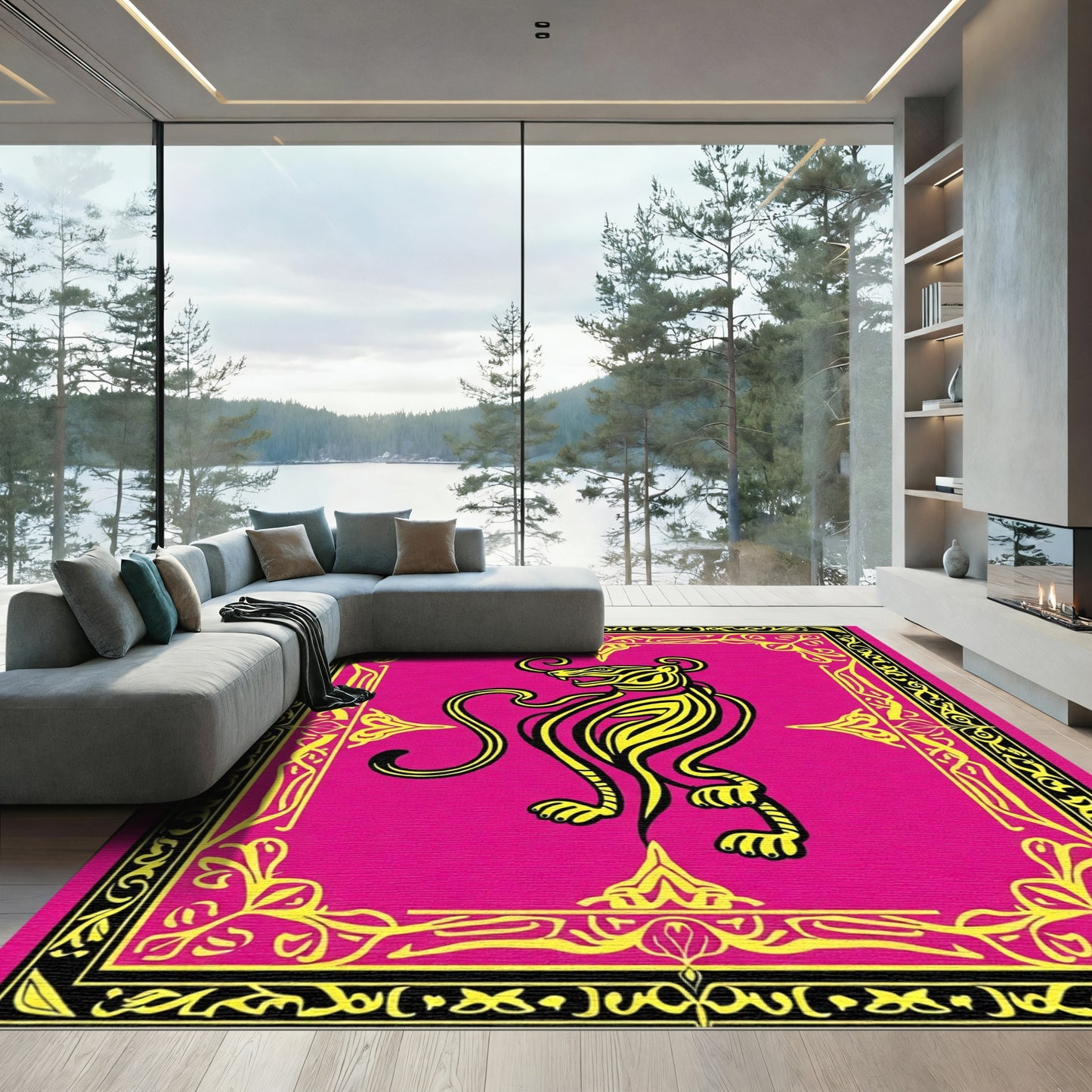 Vibrant Pink Jaguar Art Deco Rug