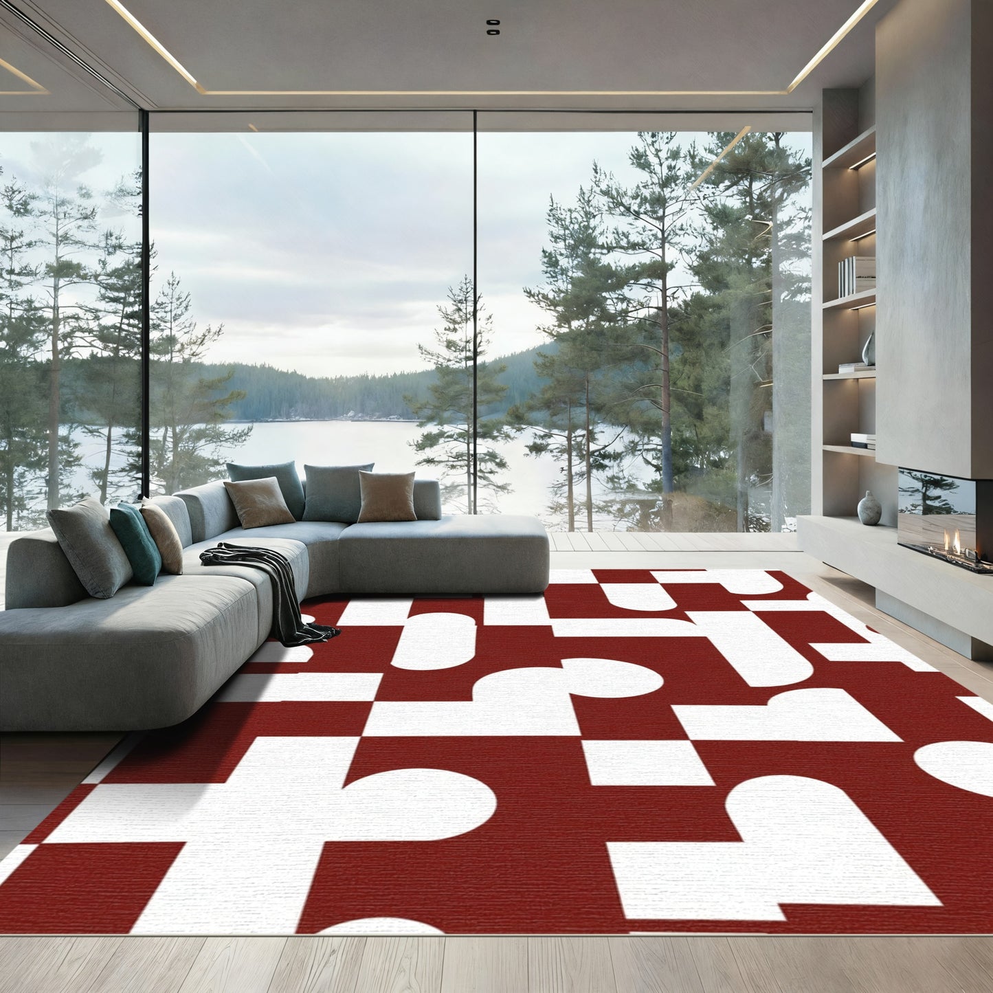 Deep Red Abstract Geometric Forms Rug