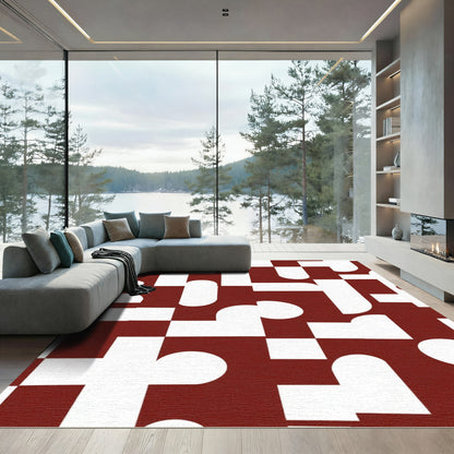 Deep Red Abstract Geometric Forms Rug