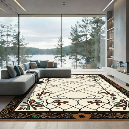 Ivory Geometric Floral Scroll Border Rug