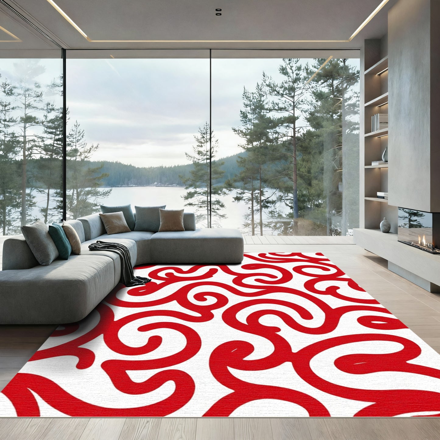 Bold Red Swirl Abstract Rug