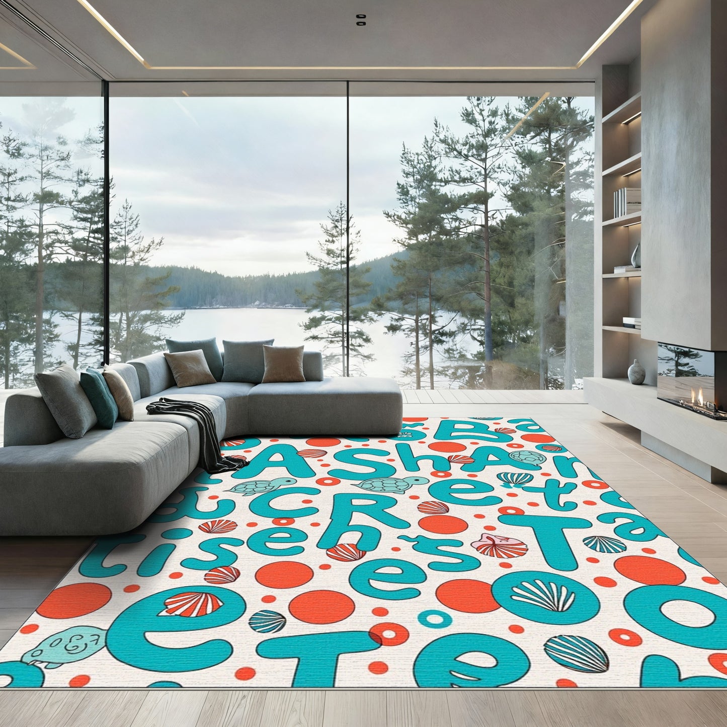 Aqua Orange Turtle Shell Alphabet Collage Rug
