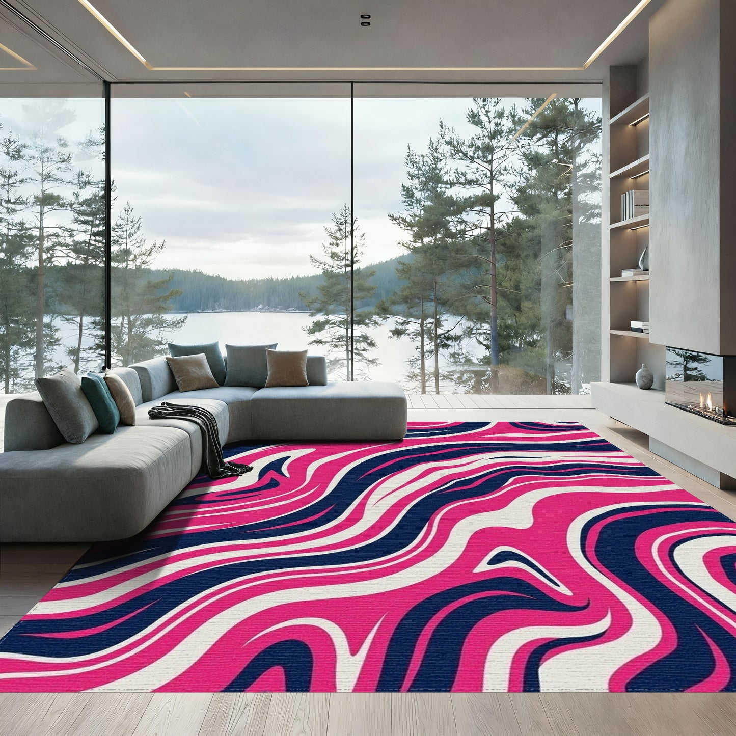 Magenta Navy Fluid Wave Rug
