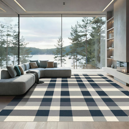 Navy Gray Cream Buffalo Check Rug