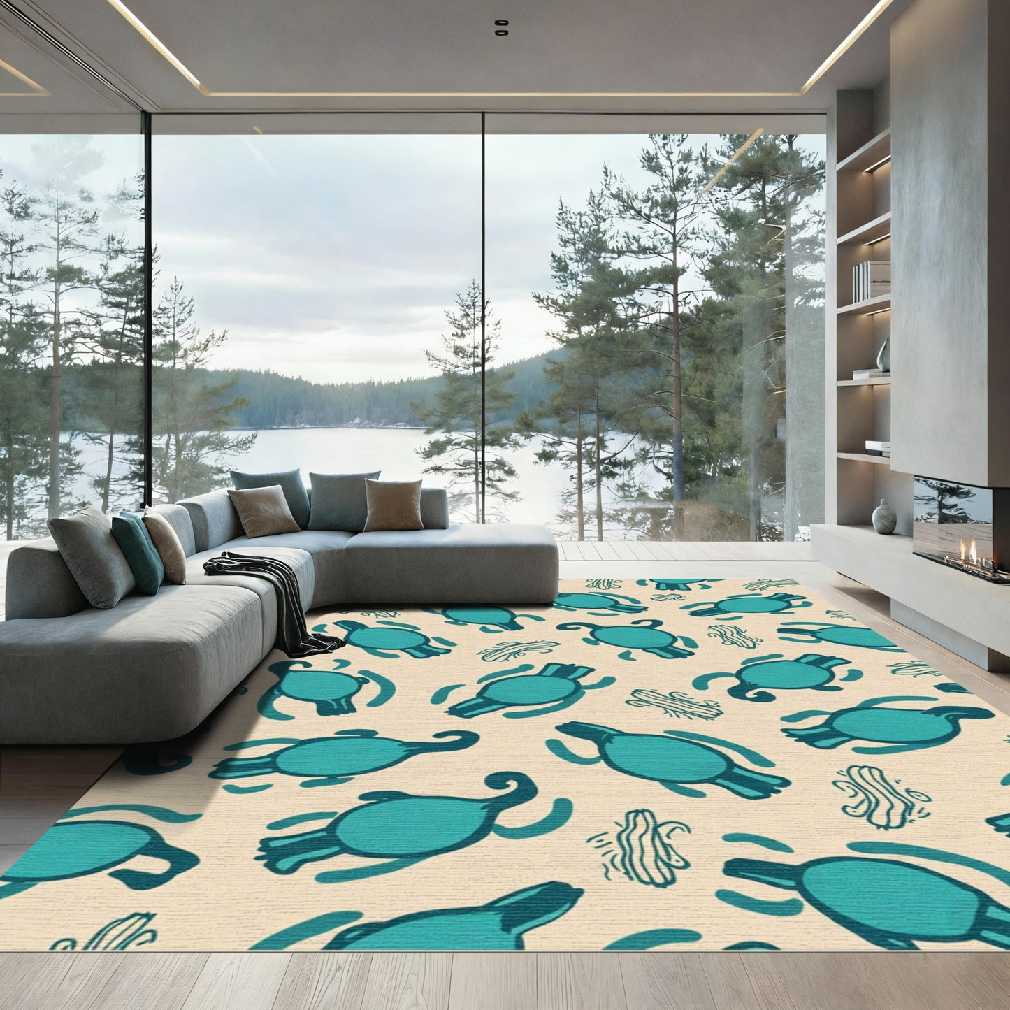 Teal Turtle Whimsical Cream Pattern Rug