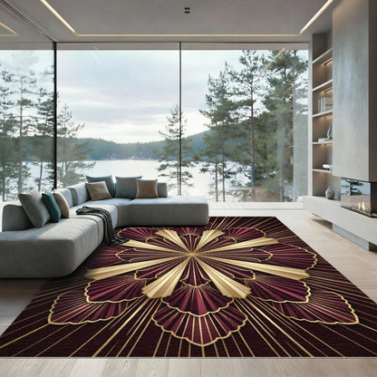 Deep Red Gold Art Deco Fan Radiance Rug