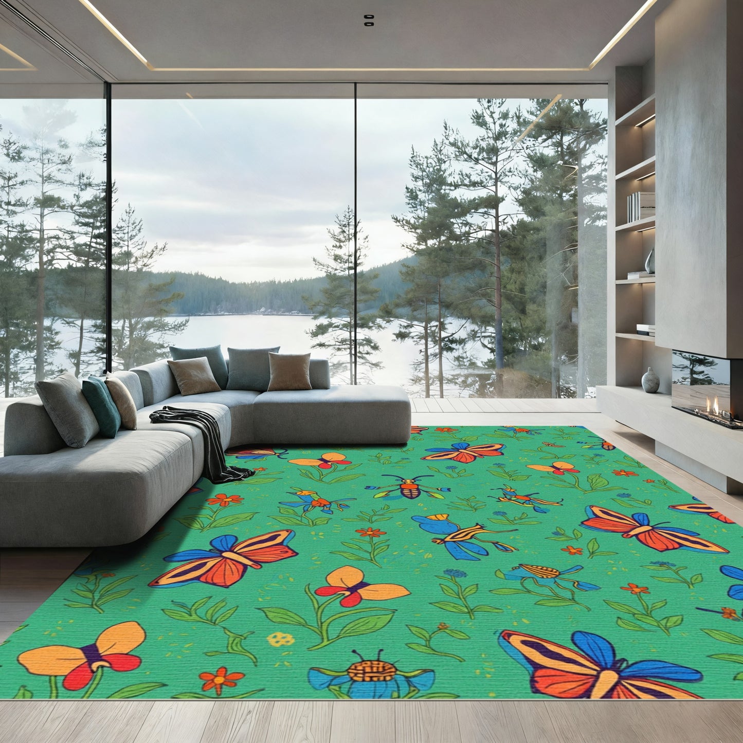 Vibrant Orange Blue Insect Garden Rug