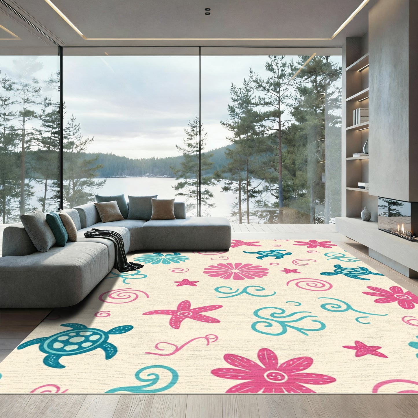 Ocean Turtle Starfish Flora Swirls Rug