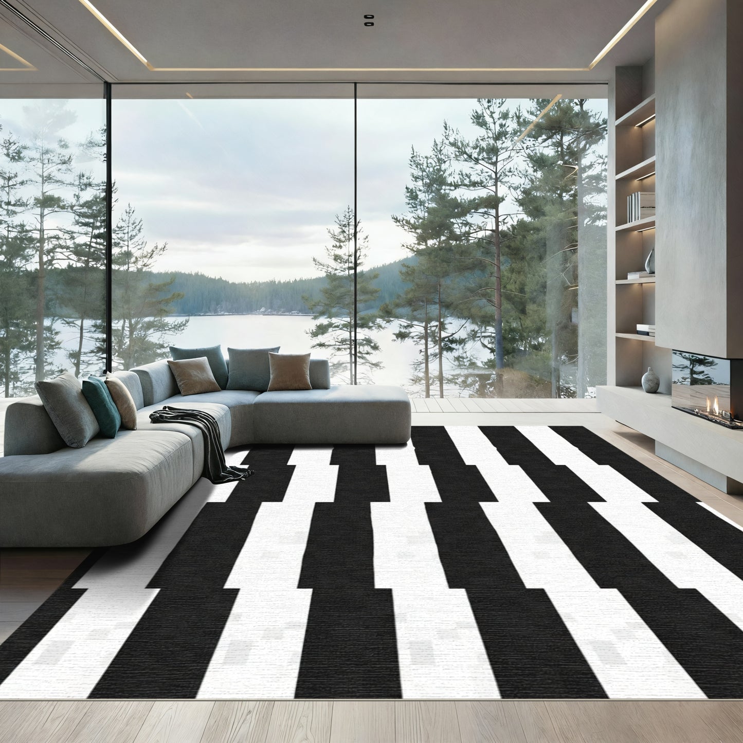 Bold Black White Alternating Stripe Rug