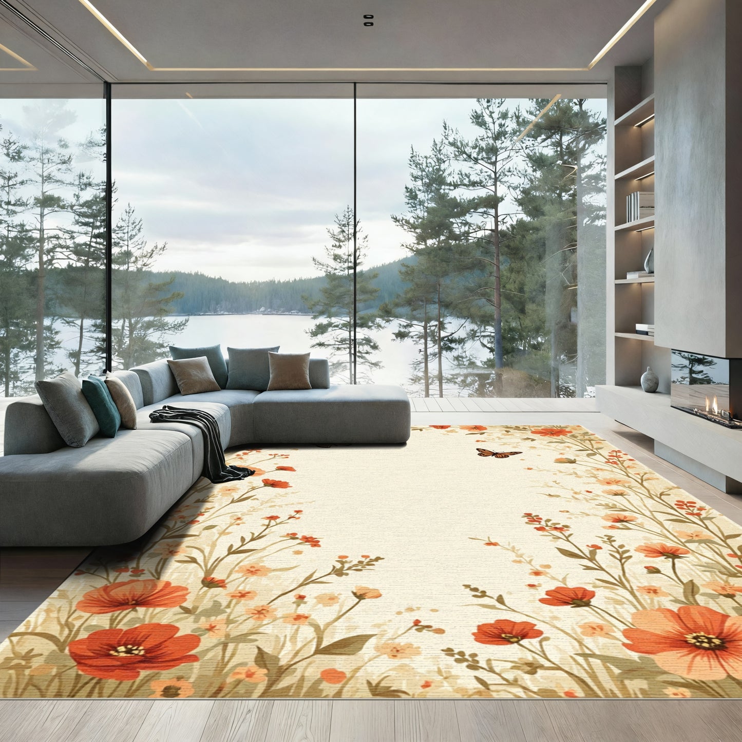Orange Floral Garden Butterflies Rug