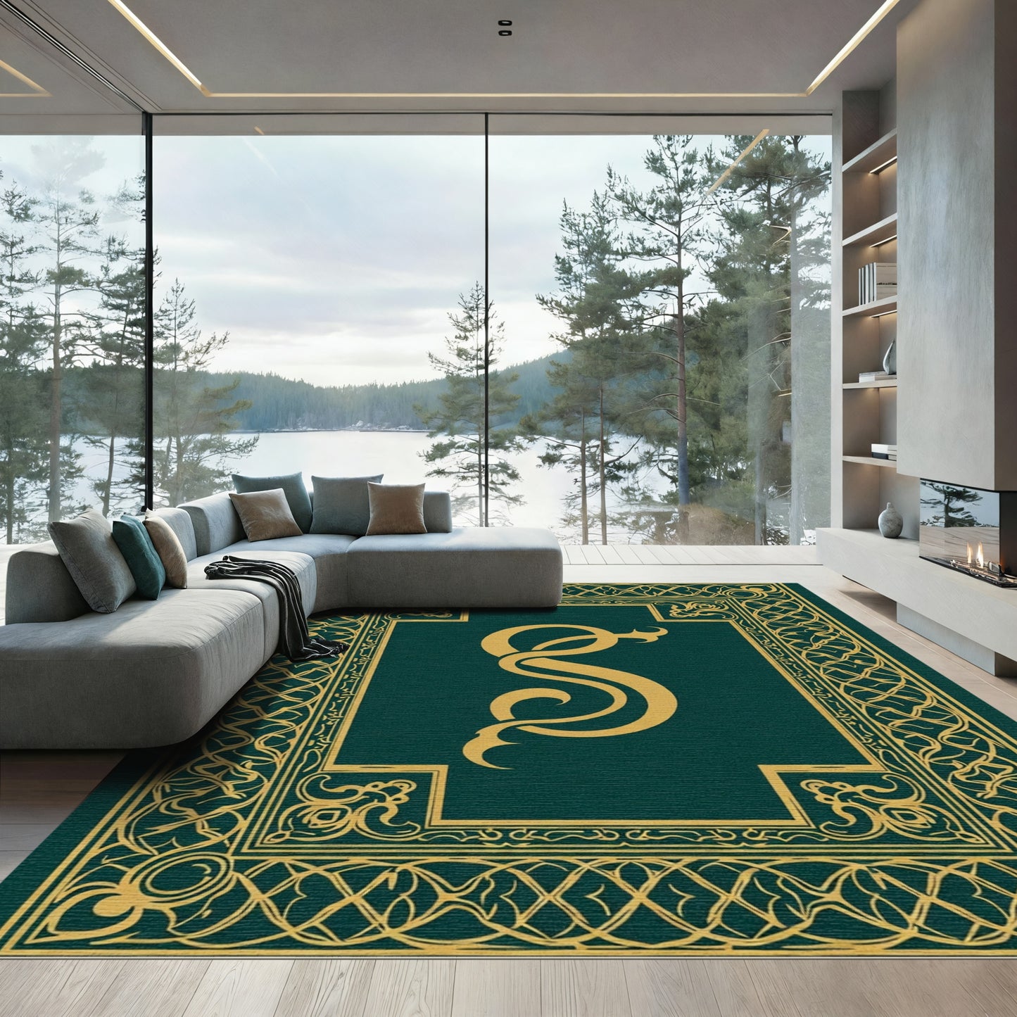 Gold Monogram Square Emerald Border Rug