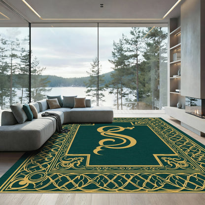 Gold Monogram Square Emerald Border Rug