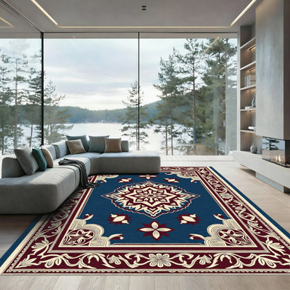 Deep Blue Maroon Floral Medallion Rug