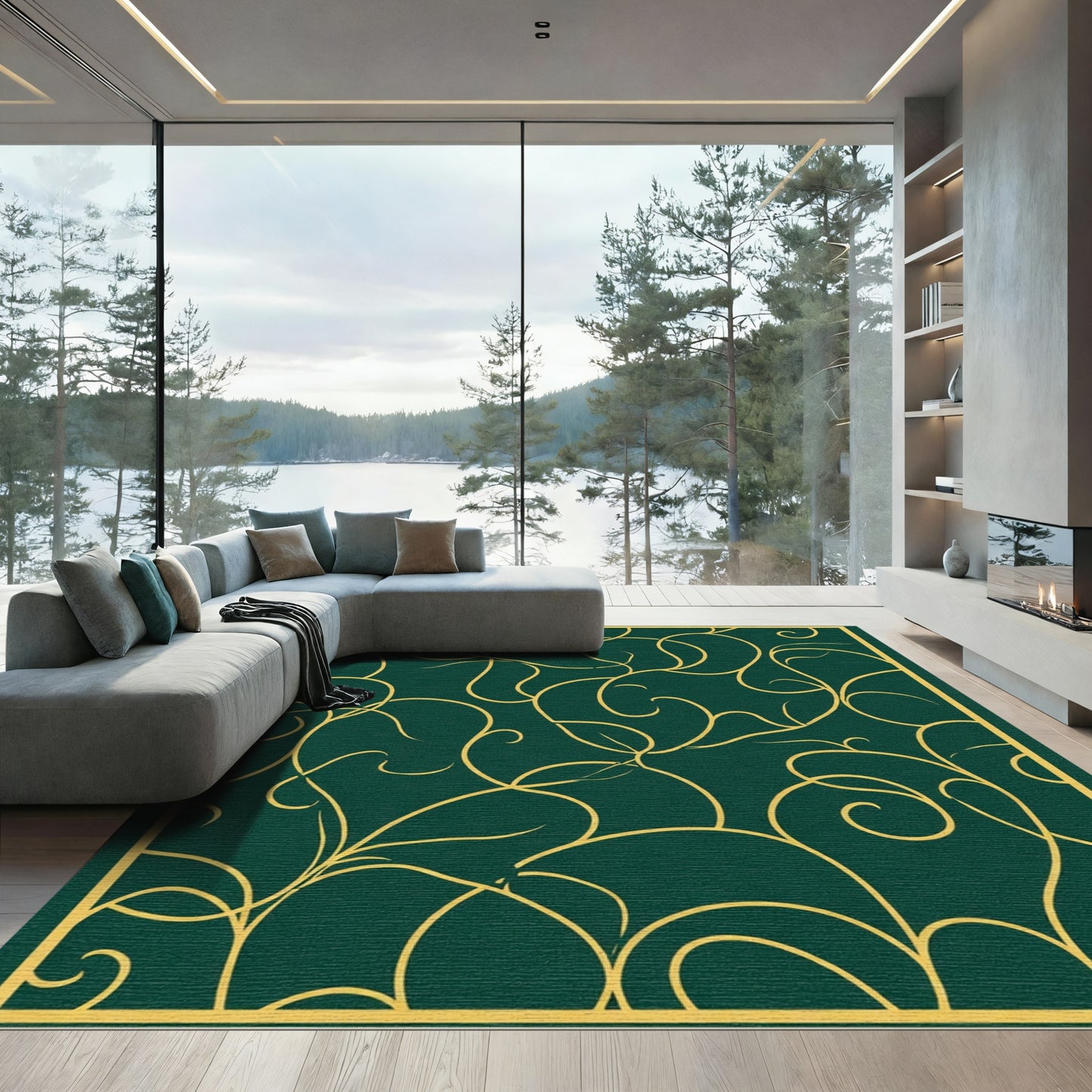 Deep Green Golden Vine Swirl Rug
