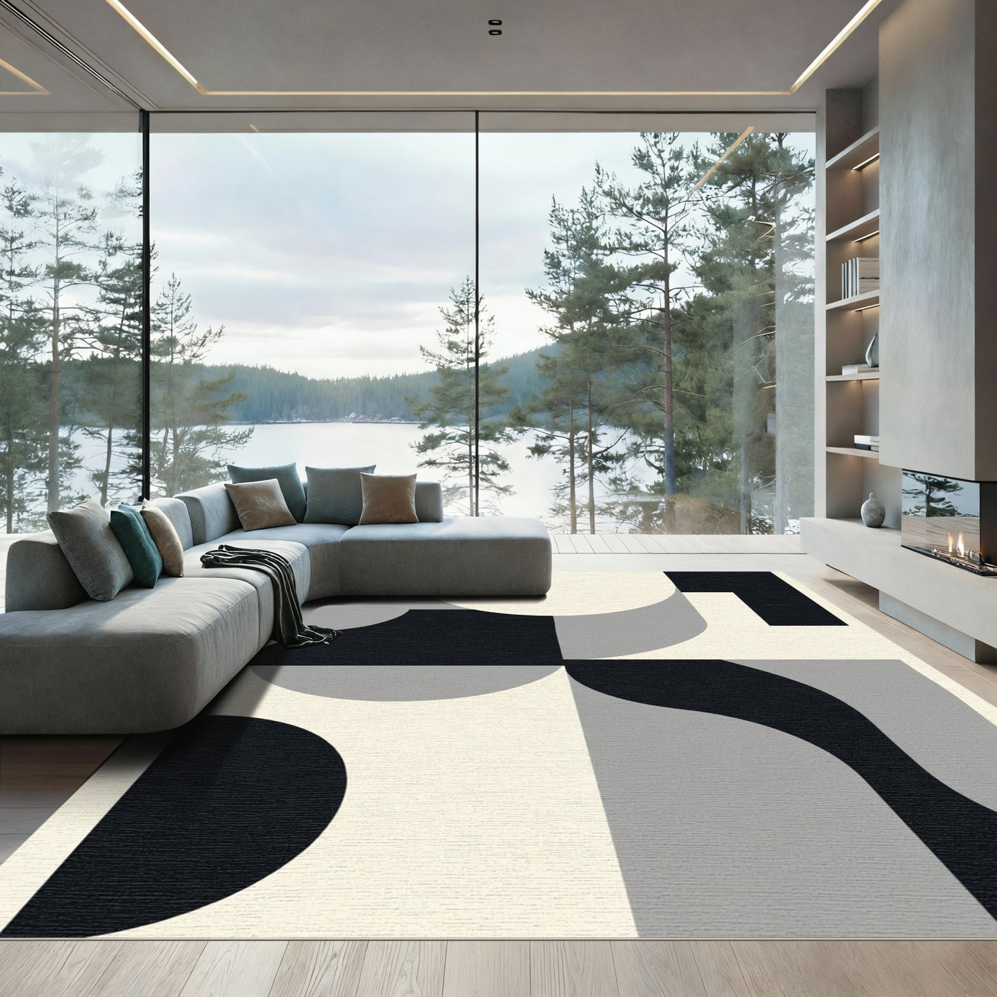 Abstract Black Gray Cream Curves Rug