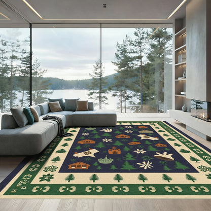 Woodland Cabin Christmas Tree Border Rug
