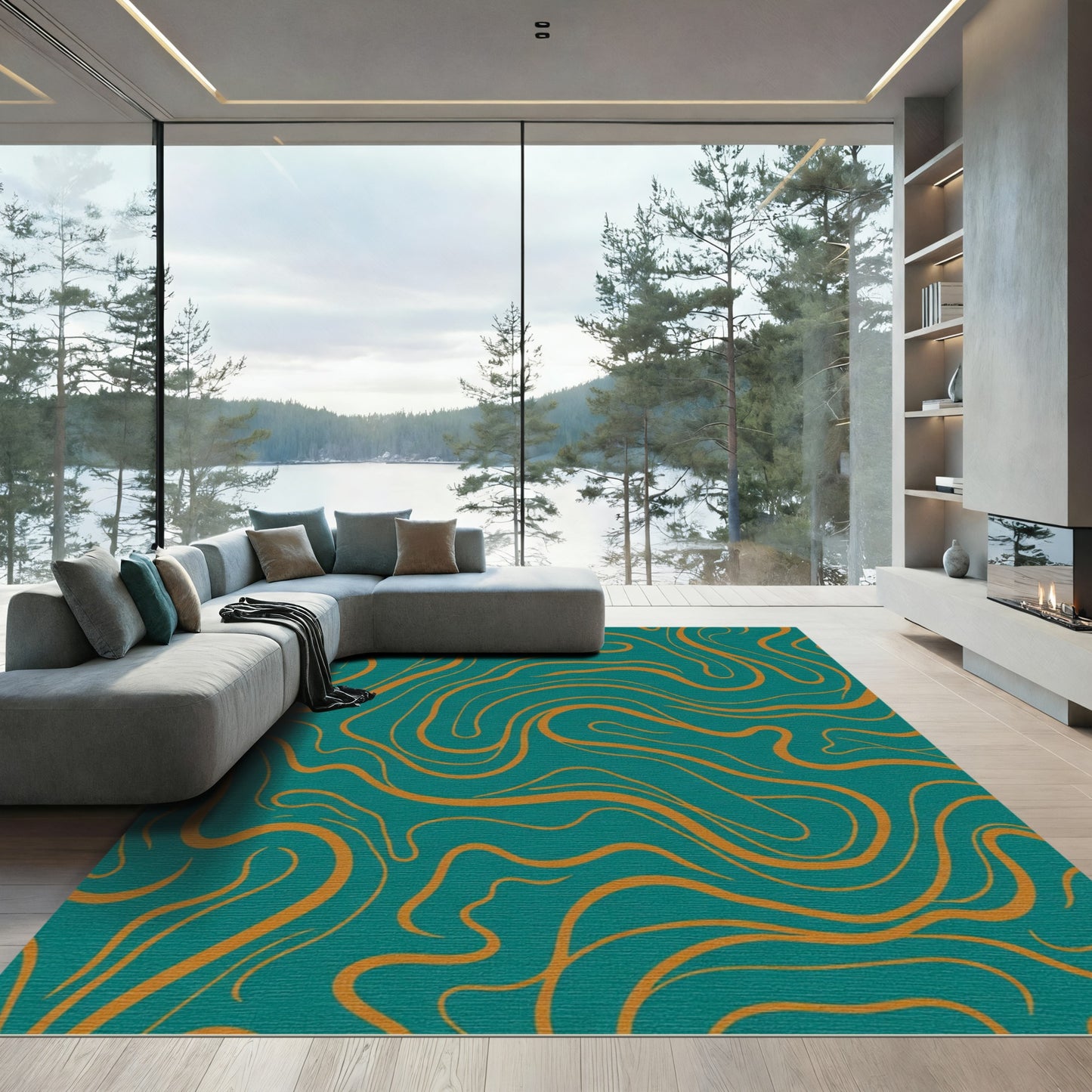 Teal Orange Abstract Swirl Rug