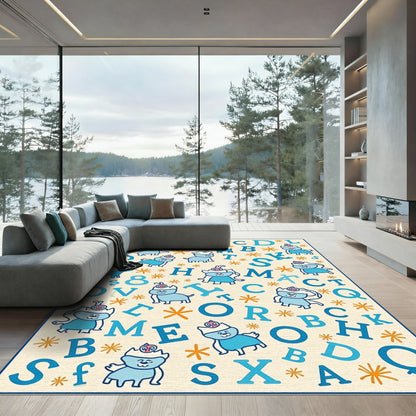 Cute Blue Cartoon Animals Alphabet Layout Rug