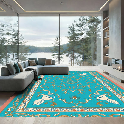 Turquoise Gold Floral Bird Medallion Rug