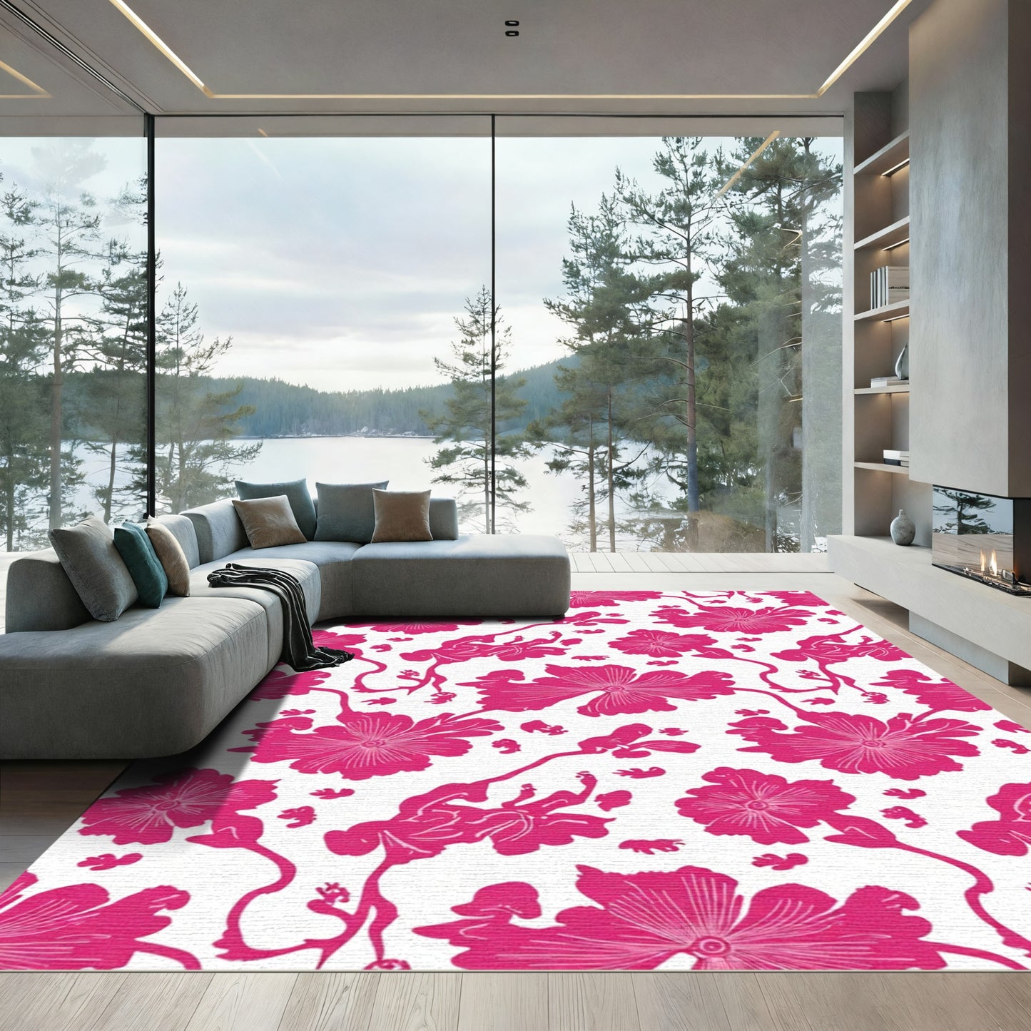 Fuchsia Floral Vine Silhouette Rug