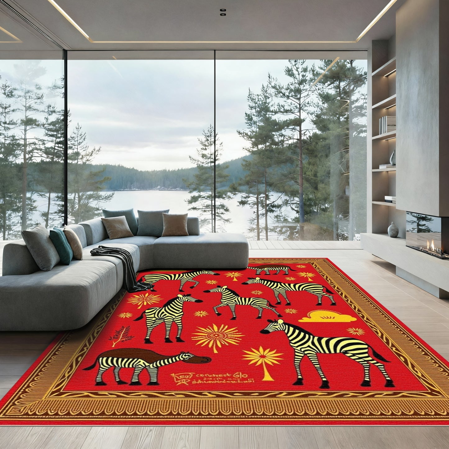 Red Zebra Safari Tribal Border Rug