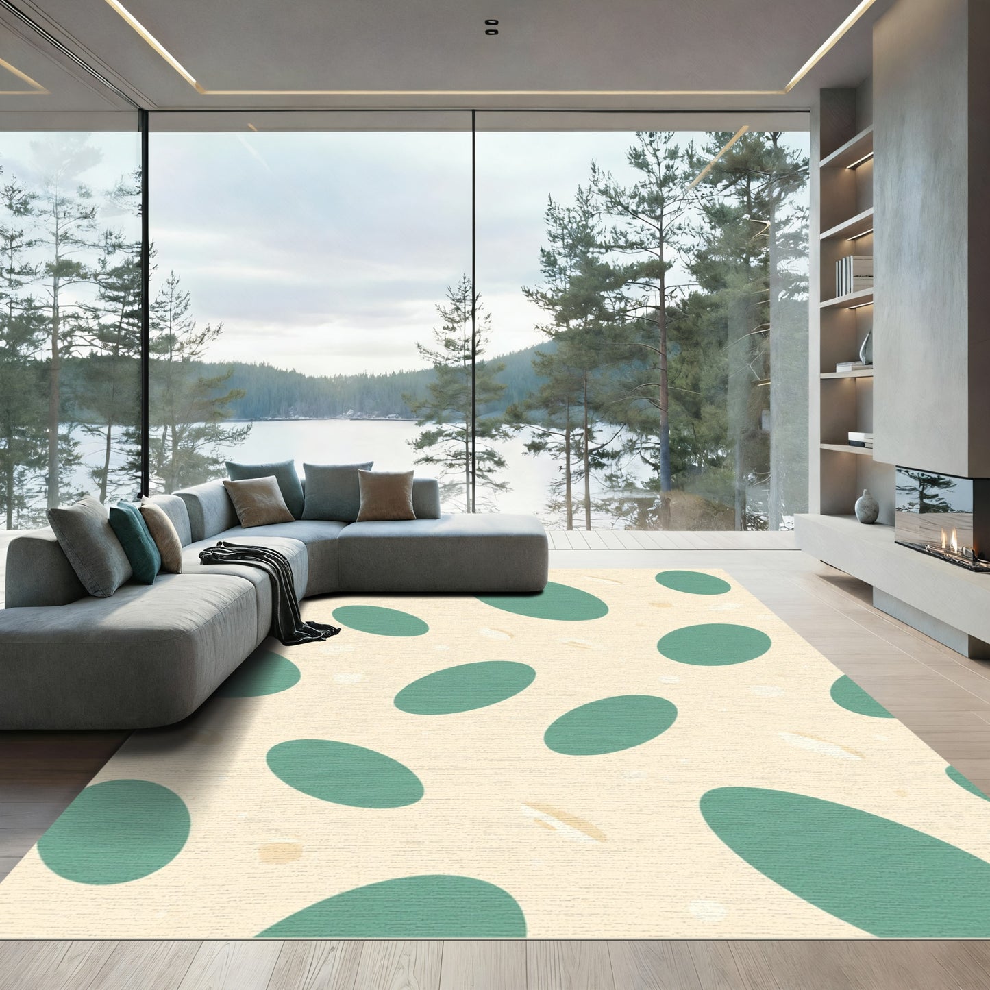 Teal Oval Scatter on Cream Background Rug