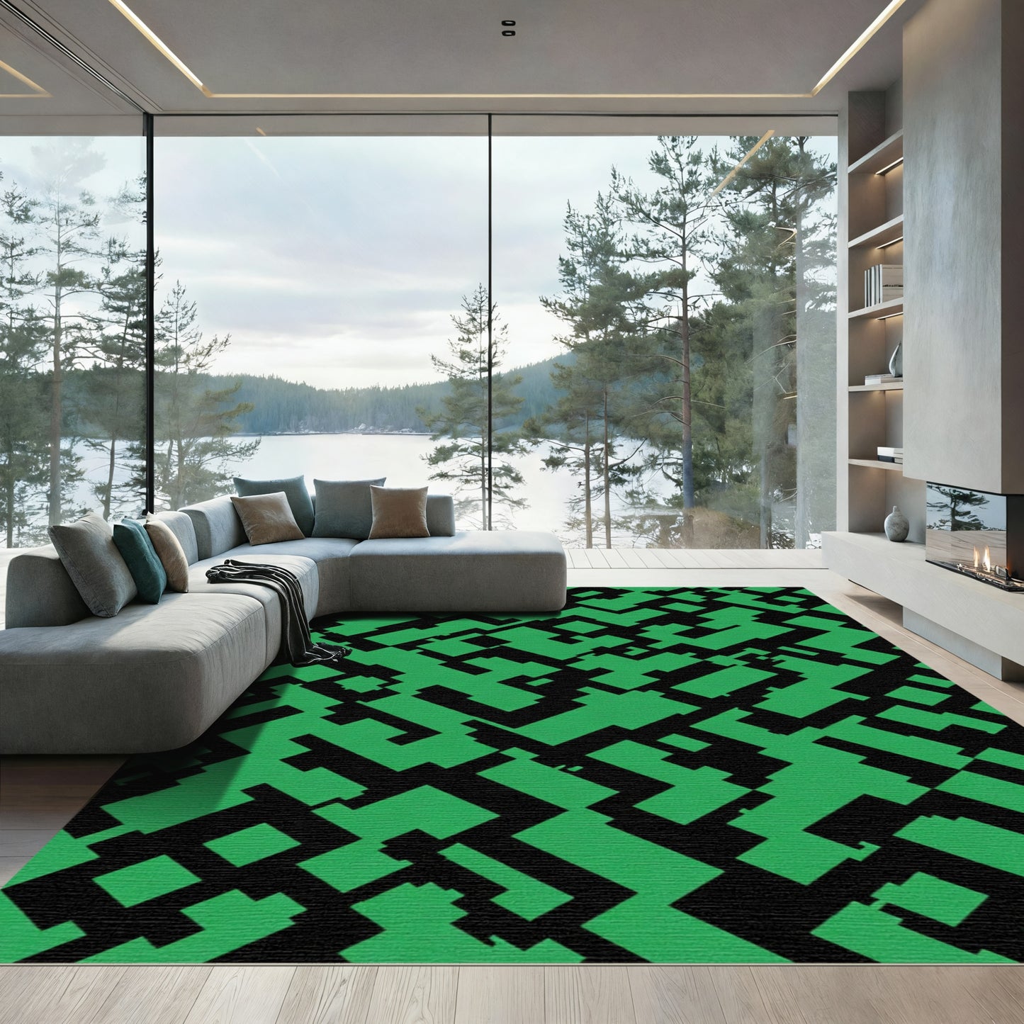 Bright Green Geometric Fragment Layout Rug