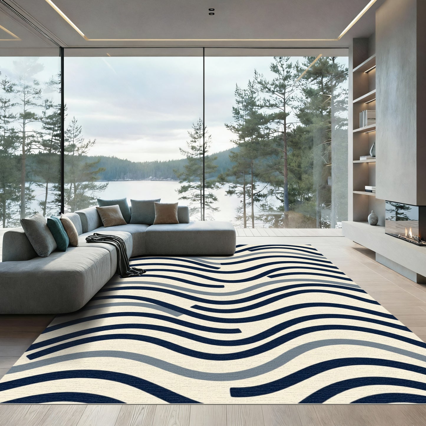 Navy Blue Gray Wave Lines Rug
